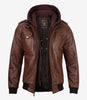 Brown Leather Bomber Jacket With Hood