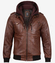 Brown Leather Bomber Jacket With Hood