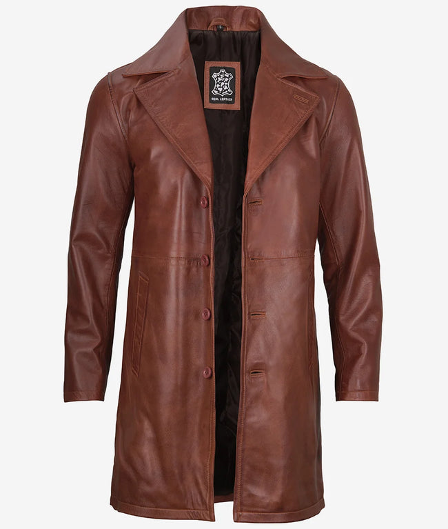 Mens Real Leather Cognac Brown Car Coat