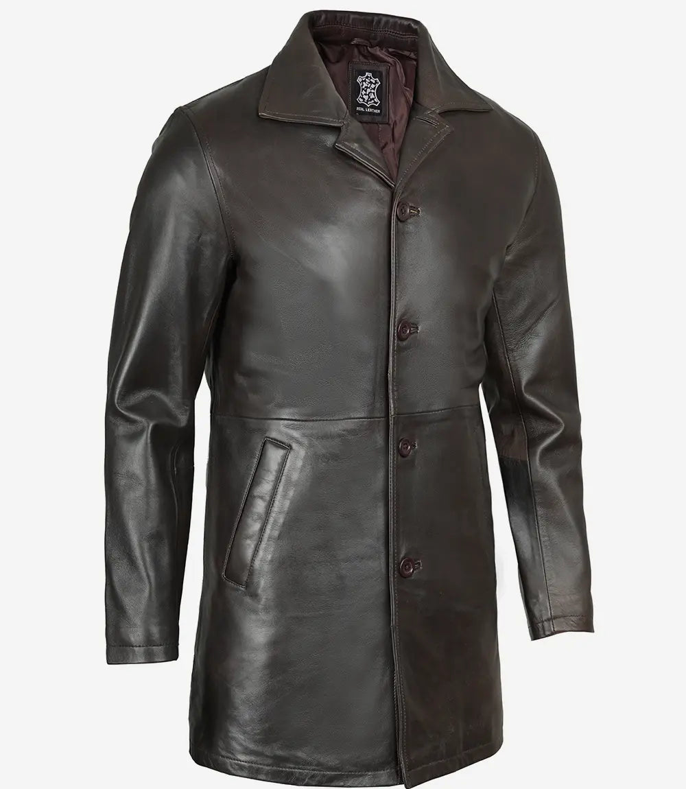 Mens Tall Vintage Dark Brown Leather Coat