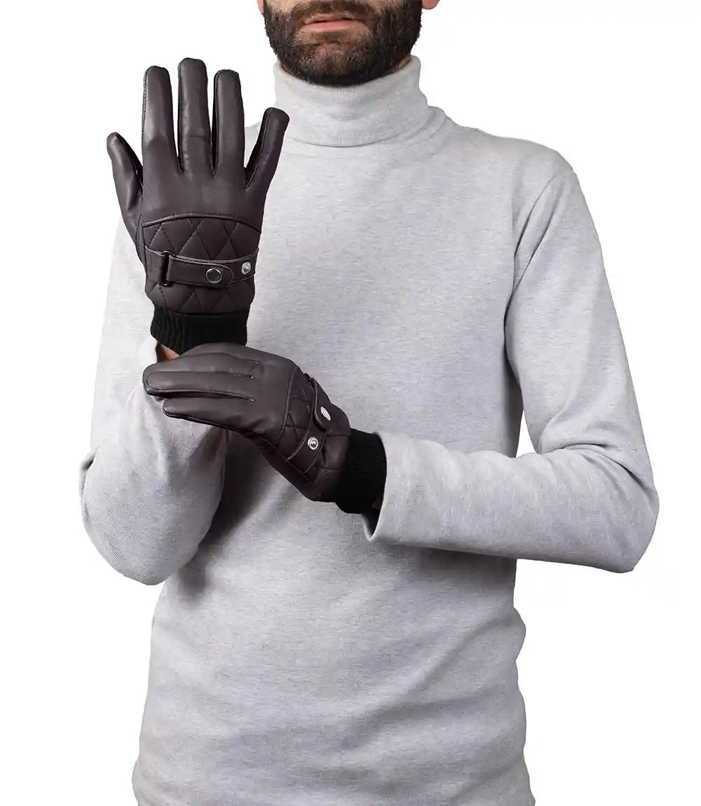 Mens Dark Brown Quilted Leather Gloves