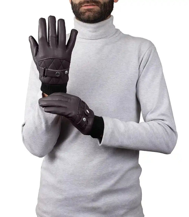Mens Dark Brown Quilted Leather Gloves