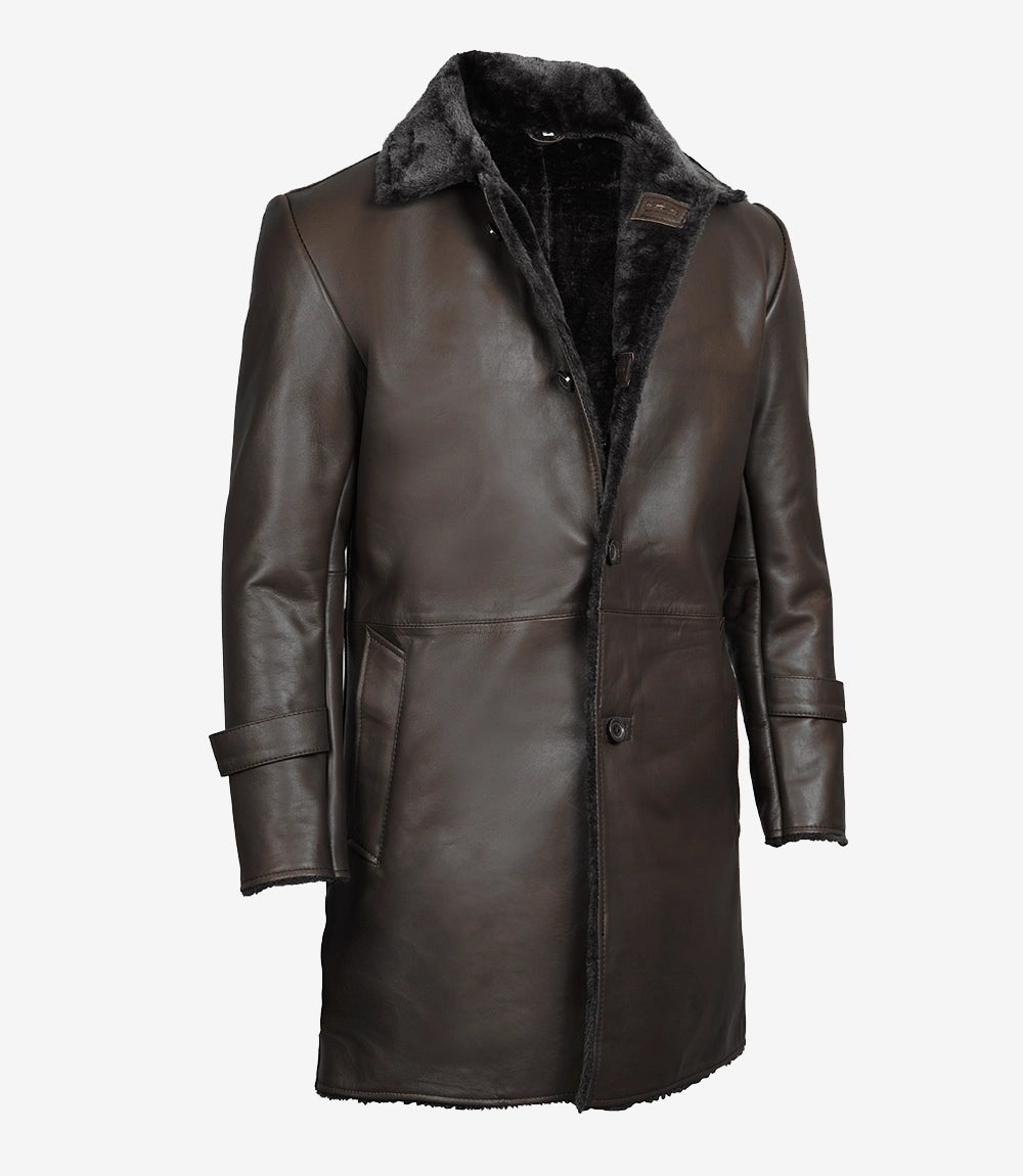 Mens Shearling Lined 3 4 Length Dark Brown Leather Coat