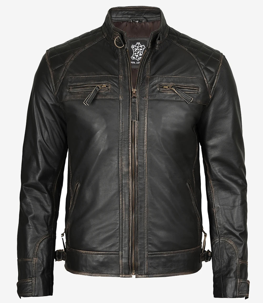 Mens Biker Distressed Brown Leather Jacket