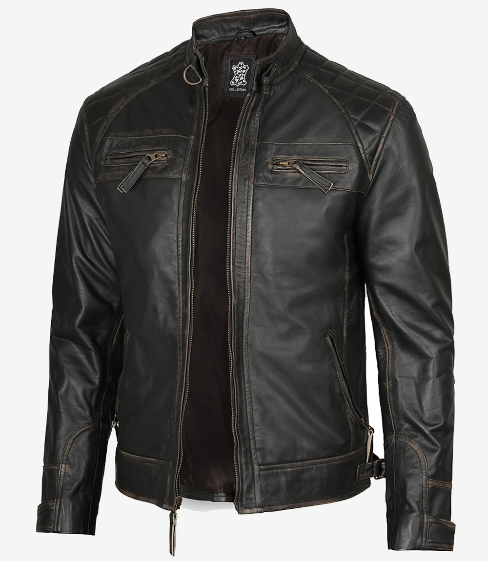 Mens Biker Distressed Brown Leather Jacket
