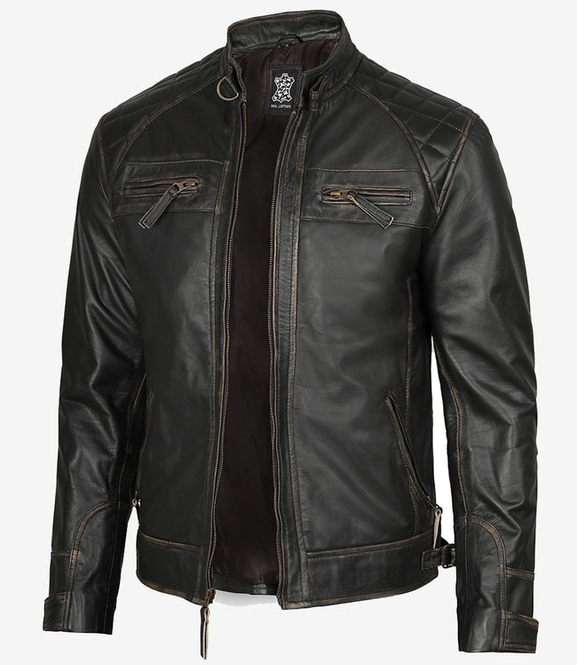 Mens Biker Distressed Brown Leather Jacket