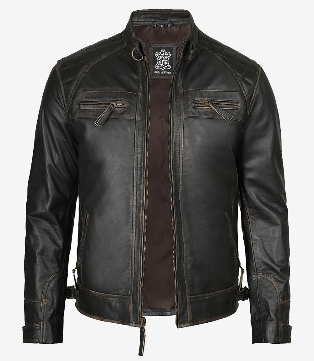 Mens Biker Distressed Brown Leather Jacket