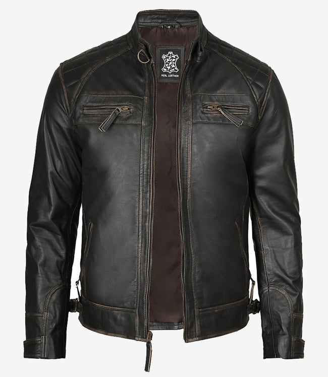 Mens Biker Distressed Brown Leather Jacket