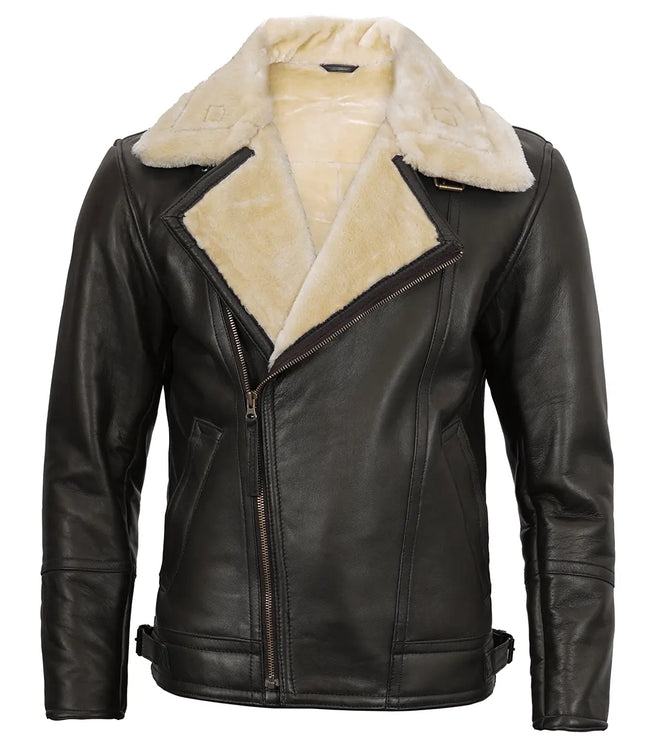 Mens Brown Shearling Lined Moto Leather Jacket