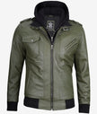 Mens Military Green Bomber Leather Jacket With Hood
