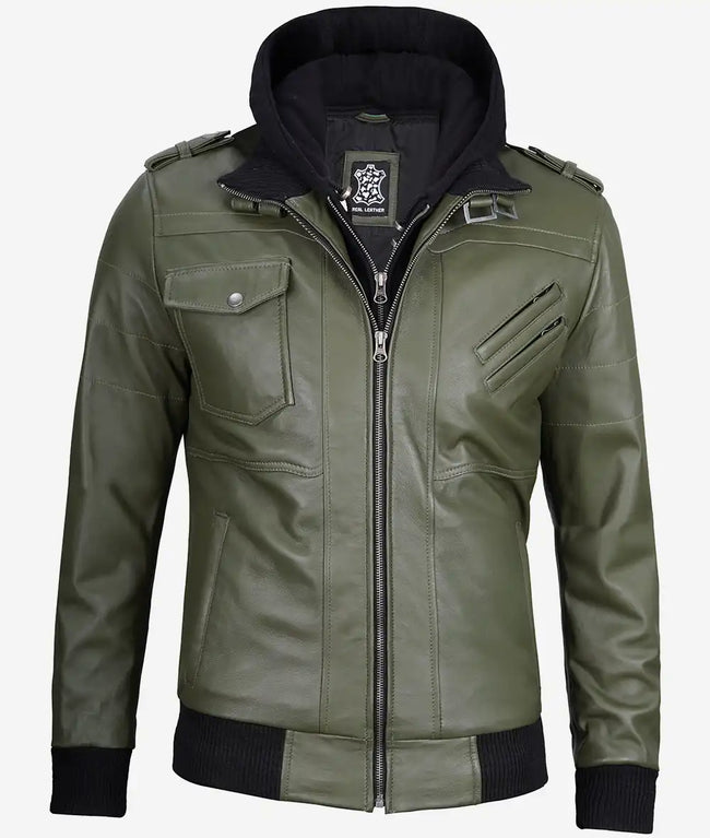 Mens Military Green Bomber Leather Jacket With Hood
