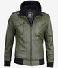 Mens Military Green Bomber Leather Jacket With Hood