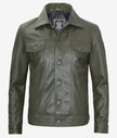Mens Four Pockets Green Leather Trucker Jacket