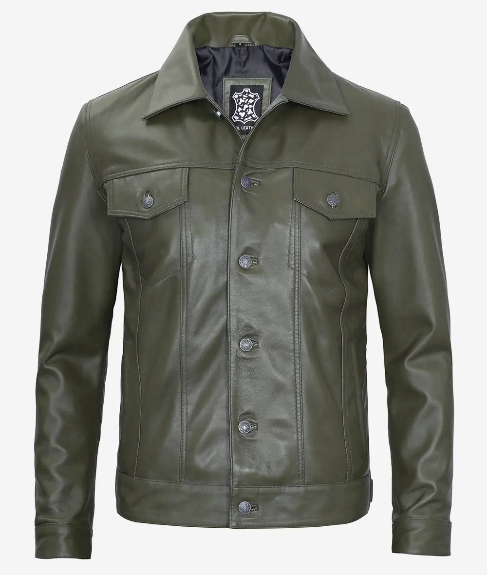 Mens Four Pockets Green Leather Trucker Jacket