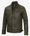 Mens Quilted Shoulder Green Cafe Racer Leather Jacket