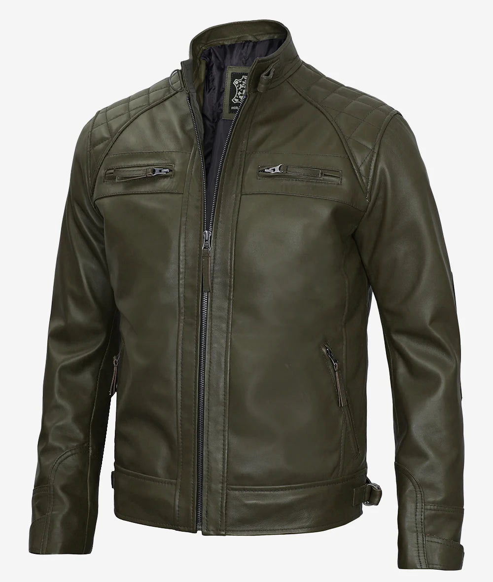 Mens Quilted Shoulder Green Cafe Racer Leather Jacket