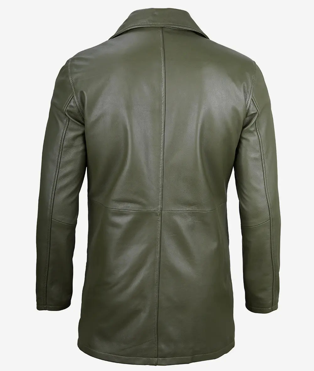 Mens Military Green Leather Car Coat