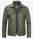 Mens Four Pockets Green Leather Trucker Jacket
