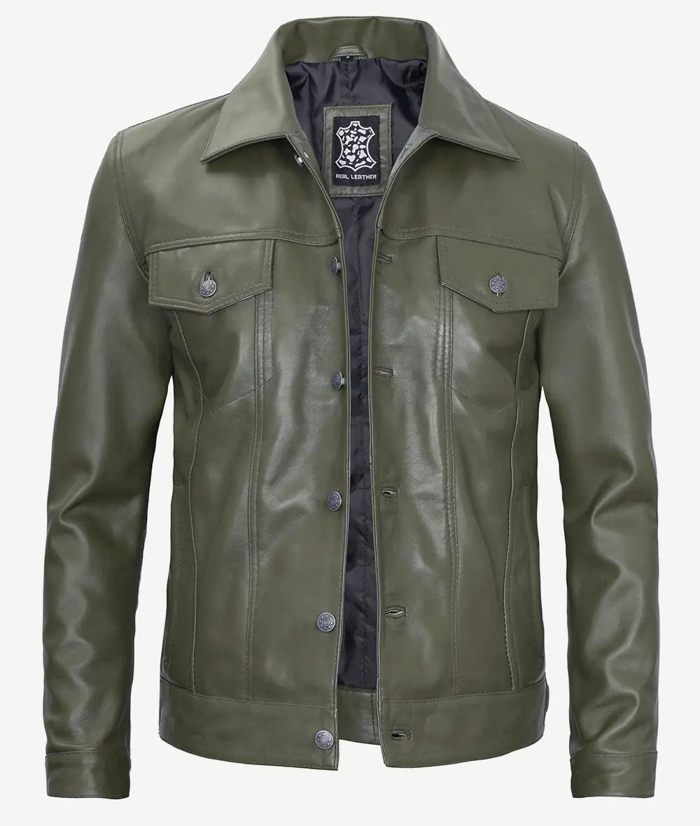 Mens Four Pockets Green Leather Trucker Jacket