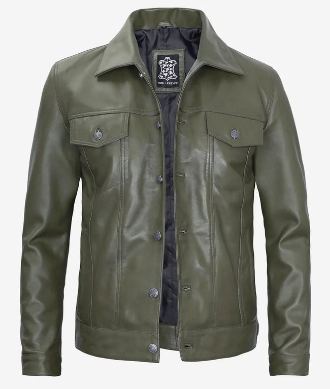 Mens Four Pockets Green Leather Trucker Jacket