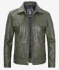 Mens Four Pockets Green Leather Trucker Jacket