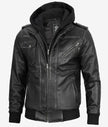 Mens Grey Leather Bomber Jacket With Removable Hood