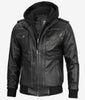 Mens Grey Leather Bomber Jacket With Removable Hood