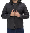 Mens Black Leather Jacket with Hood