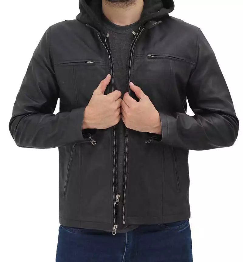 Mens Black Leather Jacket with Hood