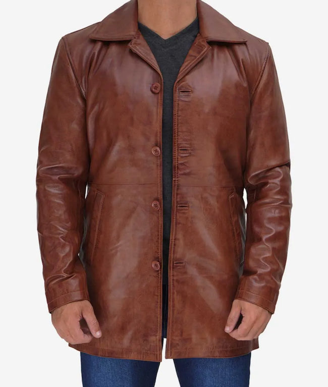Mens Tall 3 4 Length Cognac Leather Car Coat