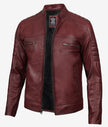 Mens Maroon Distressed Cafe Racer Leather Jacket