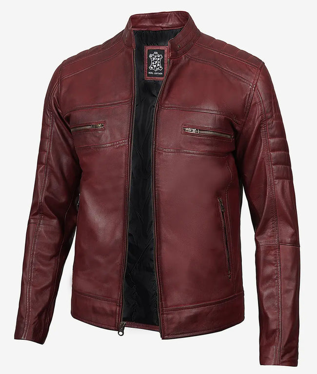 Mens Maroon Distressed Cafe Racer Leather Jacket