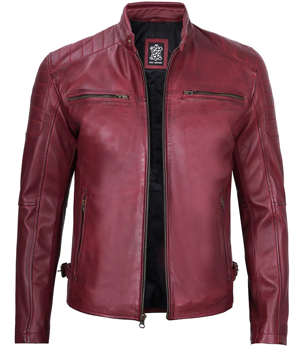 Mens Maroon Waxed Cafe Racer Leather Jacket