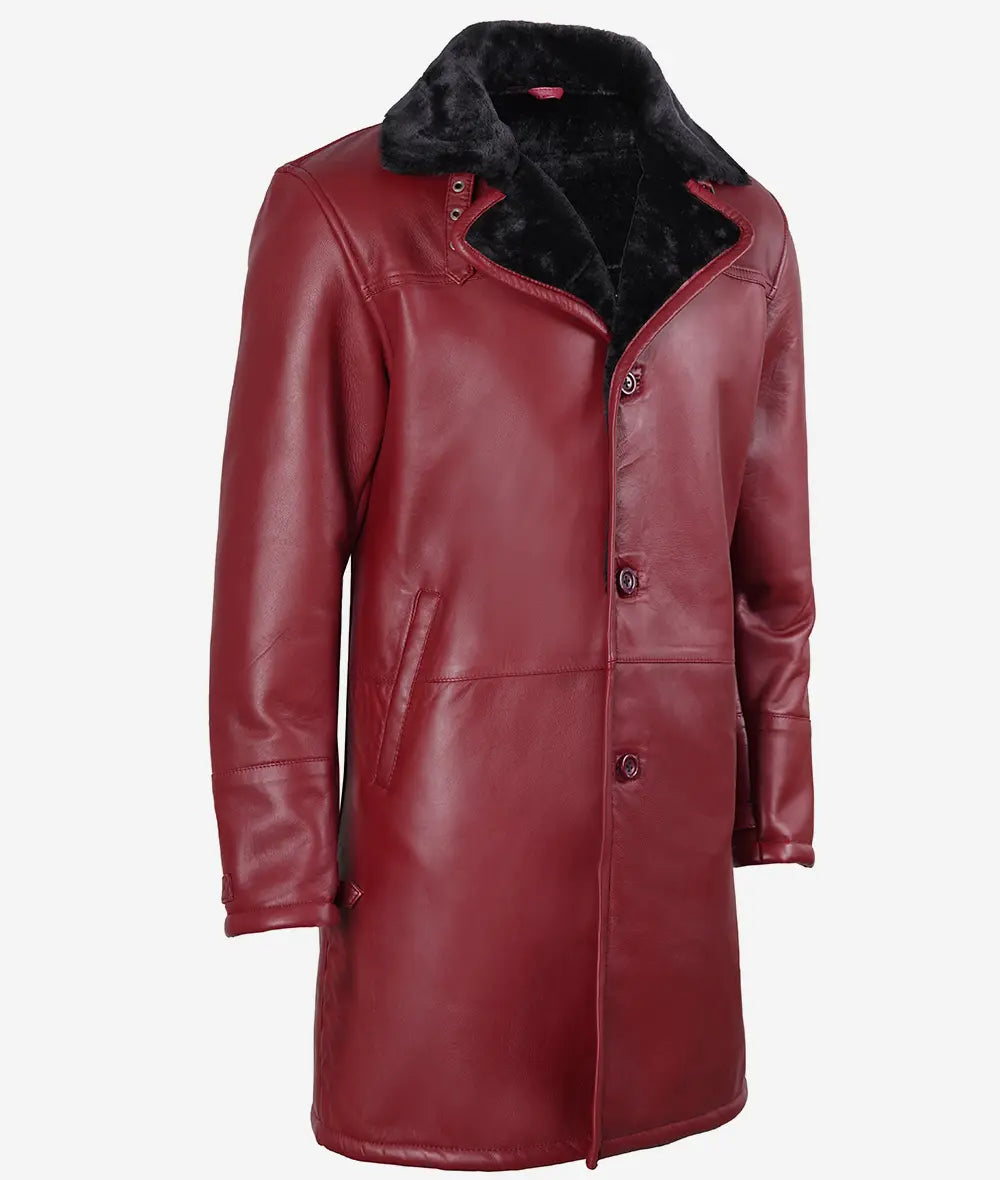 Mens Maroon Shearling Leather Winter Coat