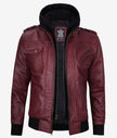 Mens Maroon Bomber Leather Jacket With Hood