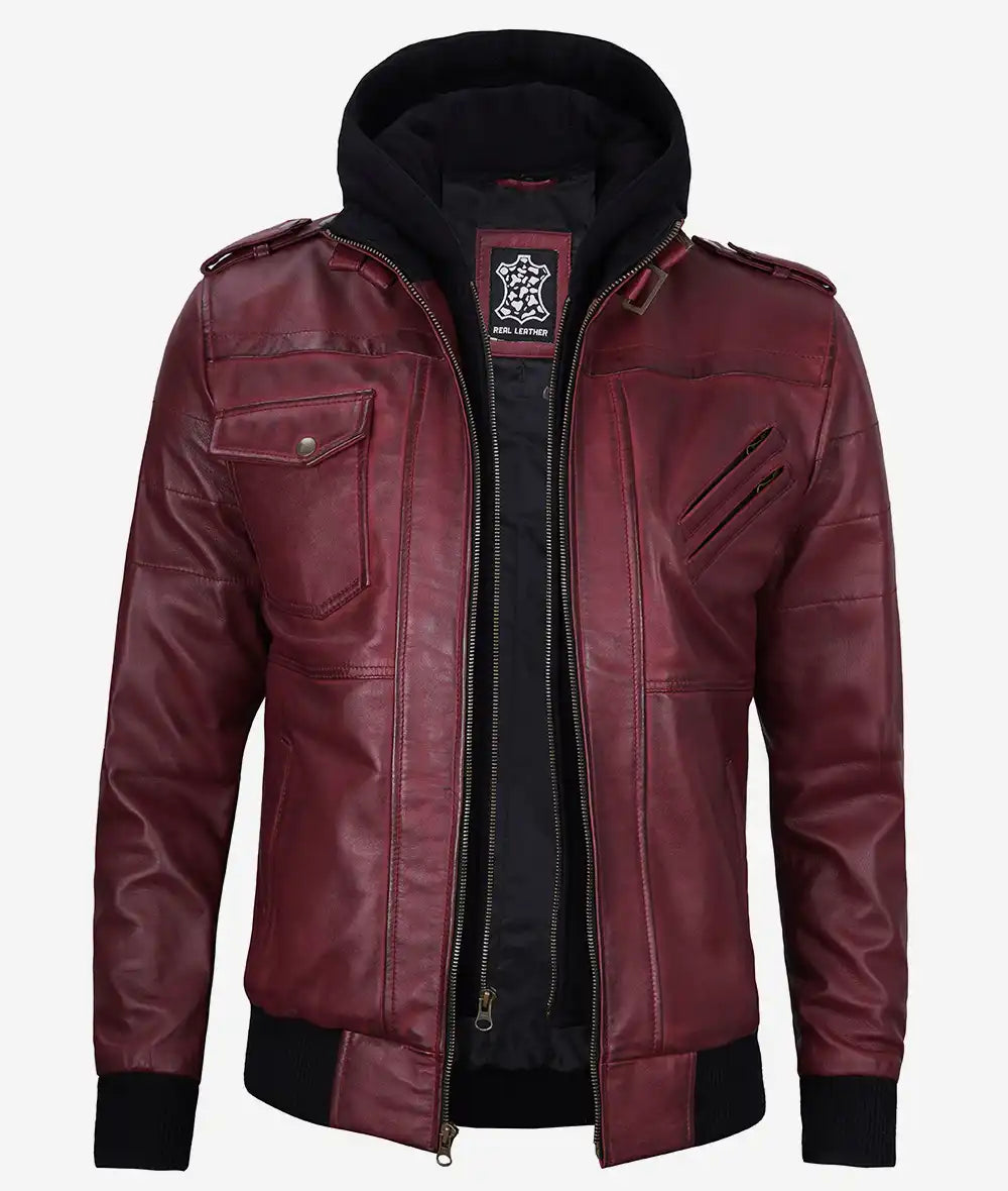 Mens Maroon Bomber Leather Jacket With Hood