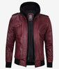 Mens Maroon Bomber Leather Jacket With Hood