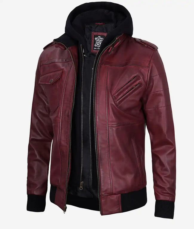 Mens Maroon Bomber Leather Jacket With Hood