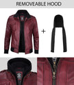 Mens Maroon Bomber Leather Jacket With Hood