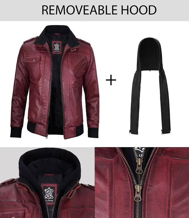 Mens Maroon Bomber Leather Jacket With Hood