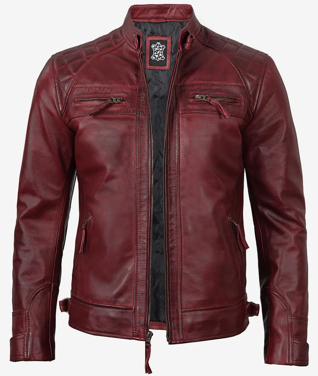 Mens Tall Real Leather Maroon Cafe Racer Jacket