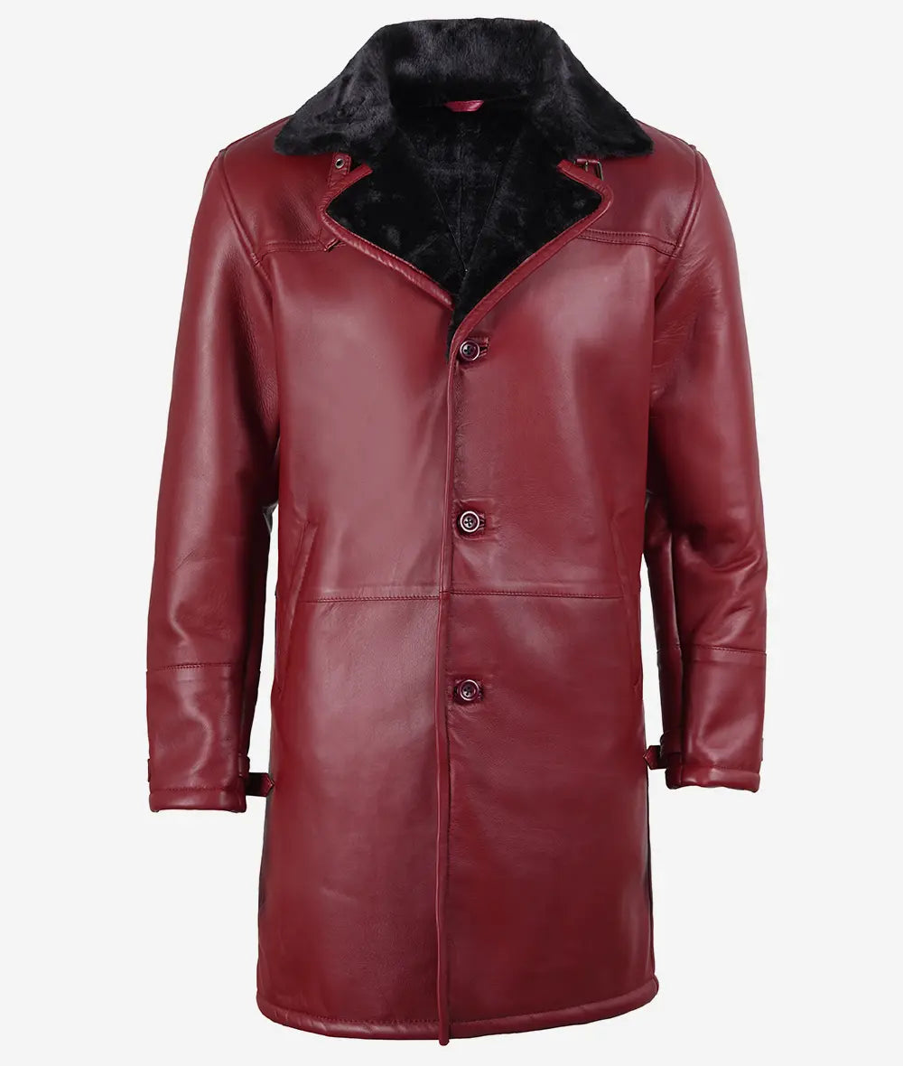 Mens Maroon Shearling Leather Winter Coat