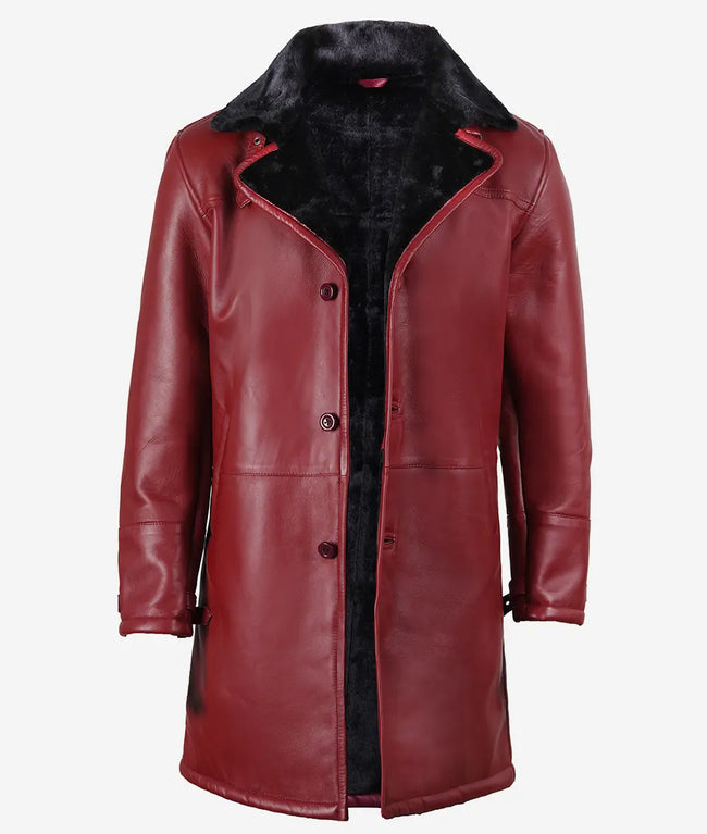 Mens Maroon Shearling Leather Winter Coat