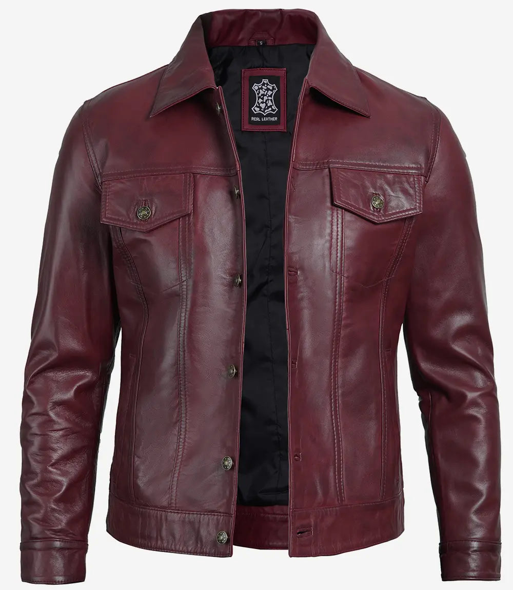 Mens Maroon Leather Trucker Jacket