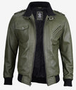 Mens Military Green Bomber Leather Jacket With Hood