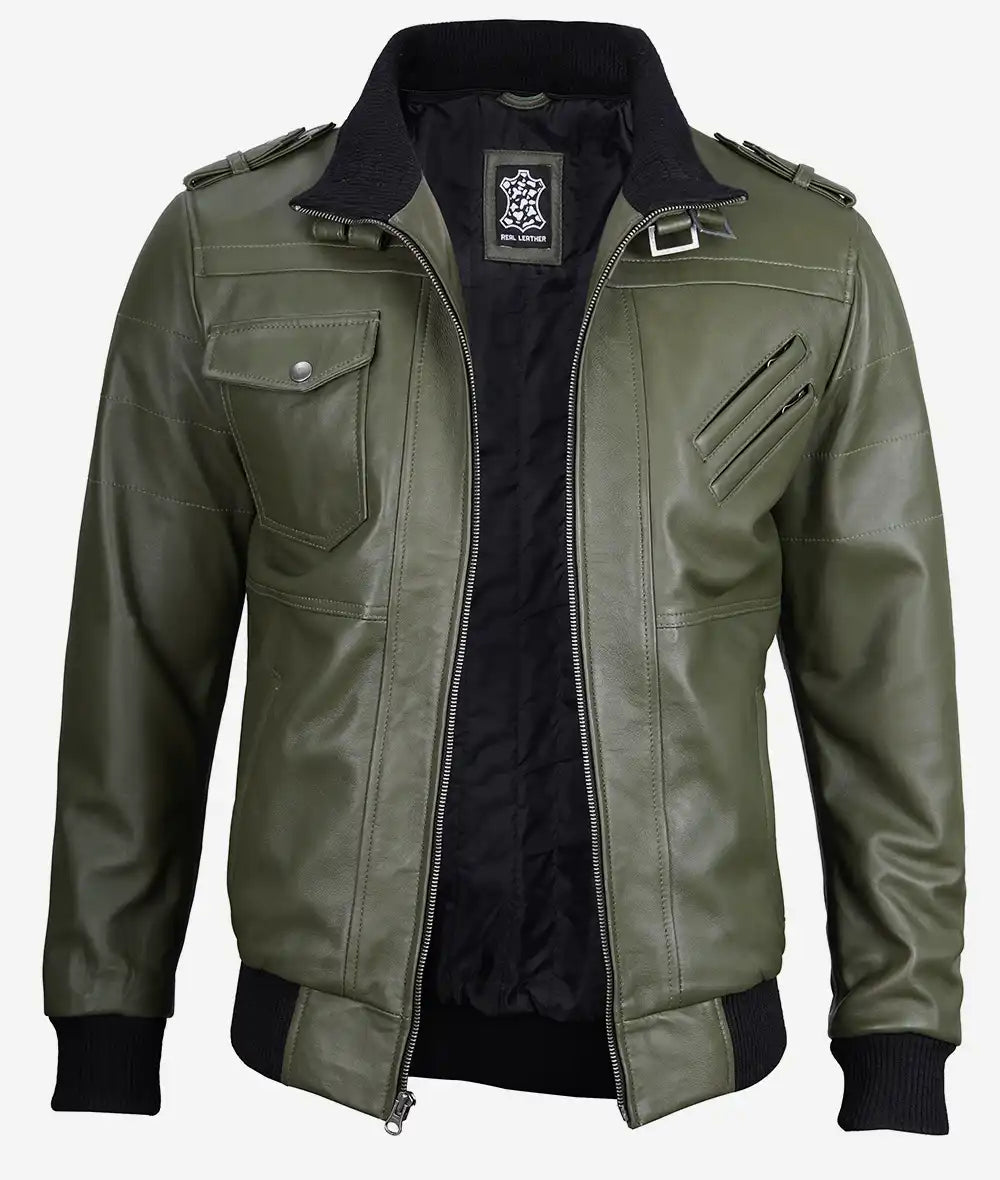 Mens Military Green Bomber Leather Jacket With Hood