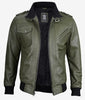 Mens Military Green Bomber Leather Jacket With Hood