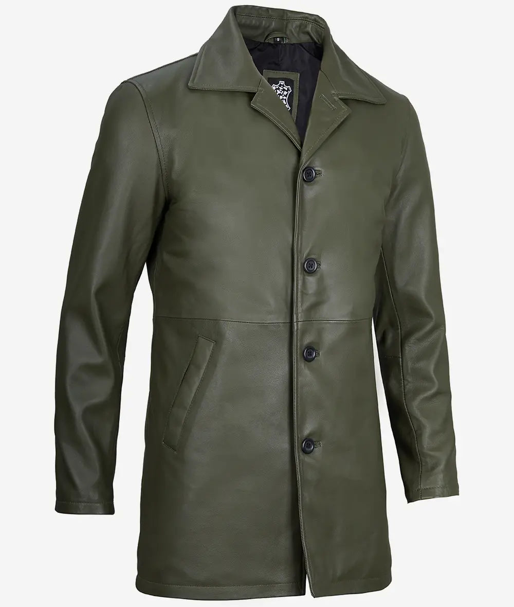 Mens Military Green Leather Car Coat