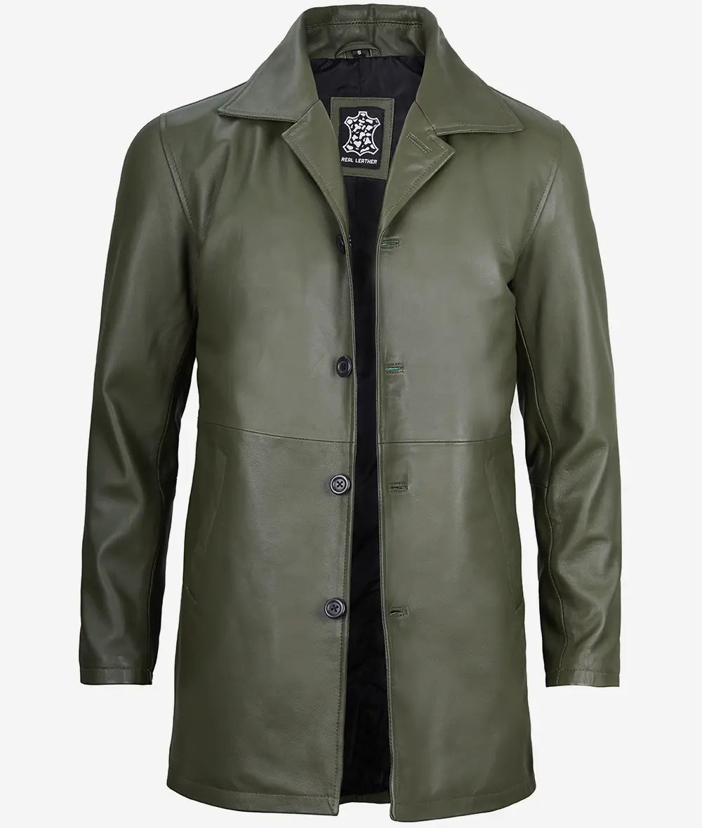 Mens Military Green Leather Car Coat