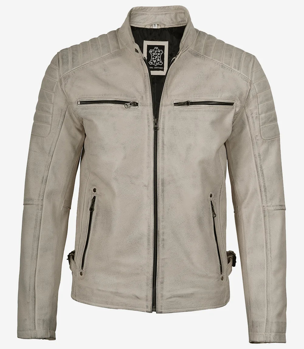 Mens Off White With Gray Wax Biker Leather Jacket